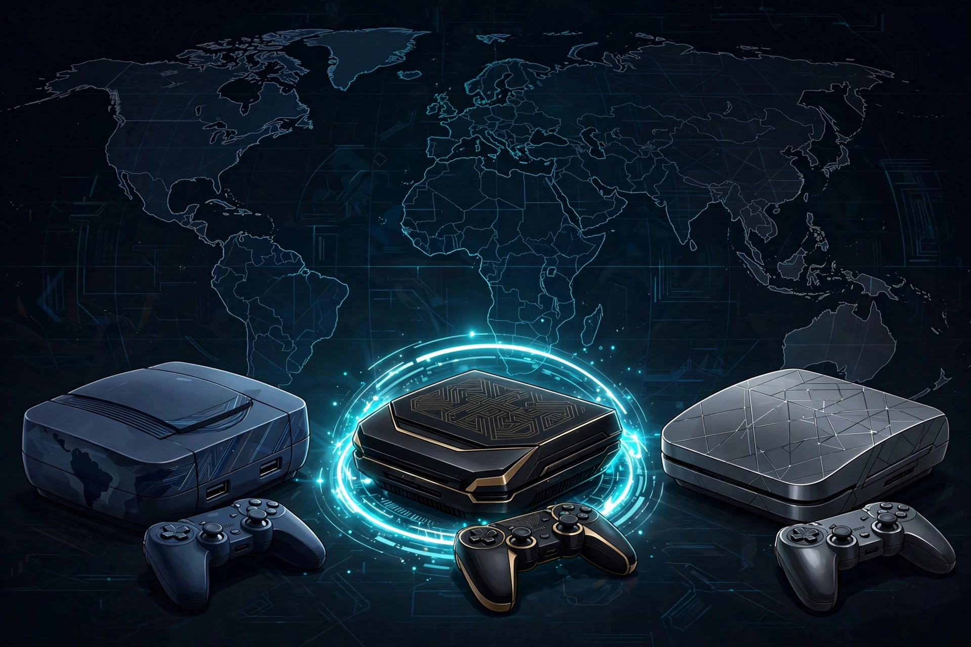 Game consoles representing world regions — which PS2 BIOS to use